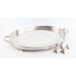 Large silver plated oval gallery tray with engraved foliate scrolls and central monogram by J. W.