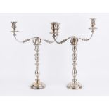 Pair of 19th century three light (two branch) candelabra, on round supports and bases with