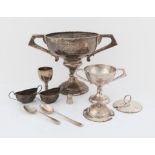 Two handled silver trophy cup, another trophy cup, egg cup, pair of open salts, and other items 16.