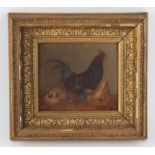19th century English School, cockerel and two hens, oil on board, 13 x 14 cms