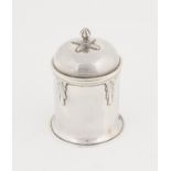 William Henry Warmington, planished silver pot and cover, with geometric Art Deco pendants to the