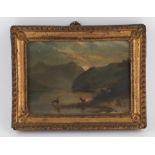 19th century Scottish school, highland landscape, oil on board, deer on the edge of a loch with