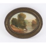 19th century English school. oil cattle watering, inscribed verso View near Whitlow? Hurle, oval ,