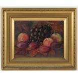 Nineteenth/twentieth-century British School, still life with grapes, apples and pears. Oil on board.