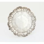 George II silver waiter by William Peaston with gadrooned foliate rim, engraved foliate decoration