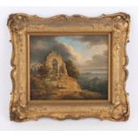 19th century small Italianate landscape with figures and a ruined church, oil on canvas, 13.
