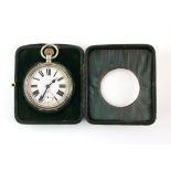 Early 20th century English silver watch stand displaying a goliath pocket watch with 8-Day movement,