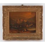 18th/19th century extensive miniature landscape, of figures, bridges and a distant town,