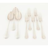 Five silver Old English pattern table forks, London 1902 and three table spoons Sheffield 1902,