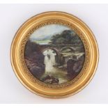 Welsh? landscape with a cart on a bridge over a raging torrent and waterfall. oil, round,