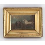 19th century English school, horse and three figures, oil on panel, 7 x 10 cms