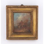 19th century English school, farm labourer driving a horse drawn cart, oil on panel, 10 x 9 cms