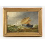 19th century maritime oil, fishing smack in a choppy sea, 15.5 x 23.5 cms