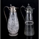 Victorian silver mounted cut glass claret jug, the domed hinged cover engraved with a crest and