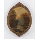 19th century British School, woodland river landscape, oval oil painting, 18 x 15 cms