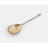 Apostle spoon, marks worn, with gilt coloured figure and bowl, 16.5 cm long.