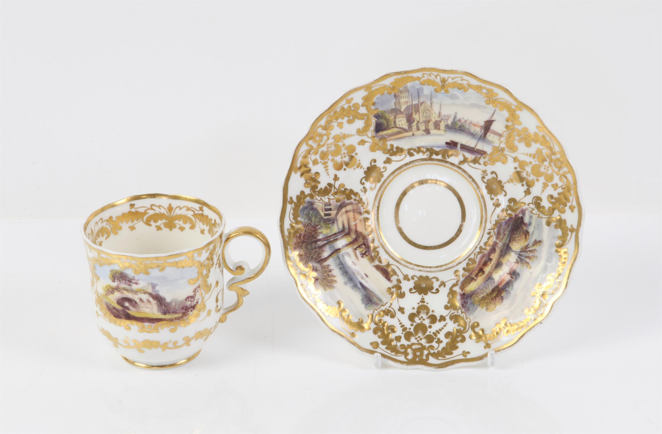 Spode tea cup and saucer, with foliate gilding and relief cartouches, the cup painted with 'Round - Image 3 of 3