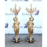 Pair of 19th century style gilt metal and slate figural candelabra, with female figures holding up