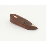 18th century carved wood shoe form snuff box with inlaid bone diamond and heart decoration,