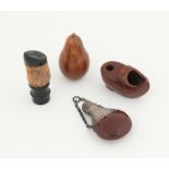 Wood and white metal mounted miniature flask 7cm long, treen pear shaped box and cover,