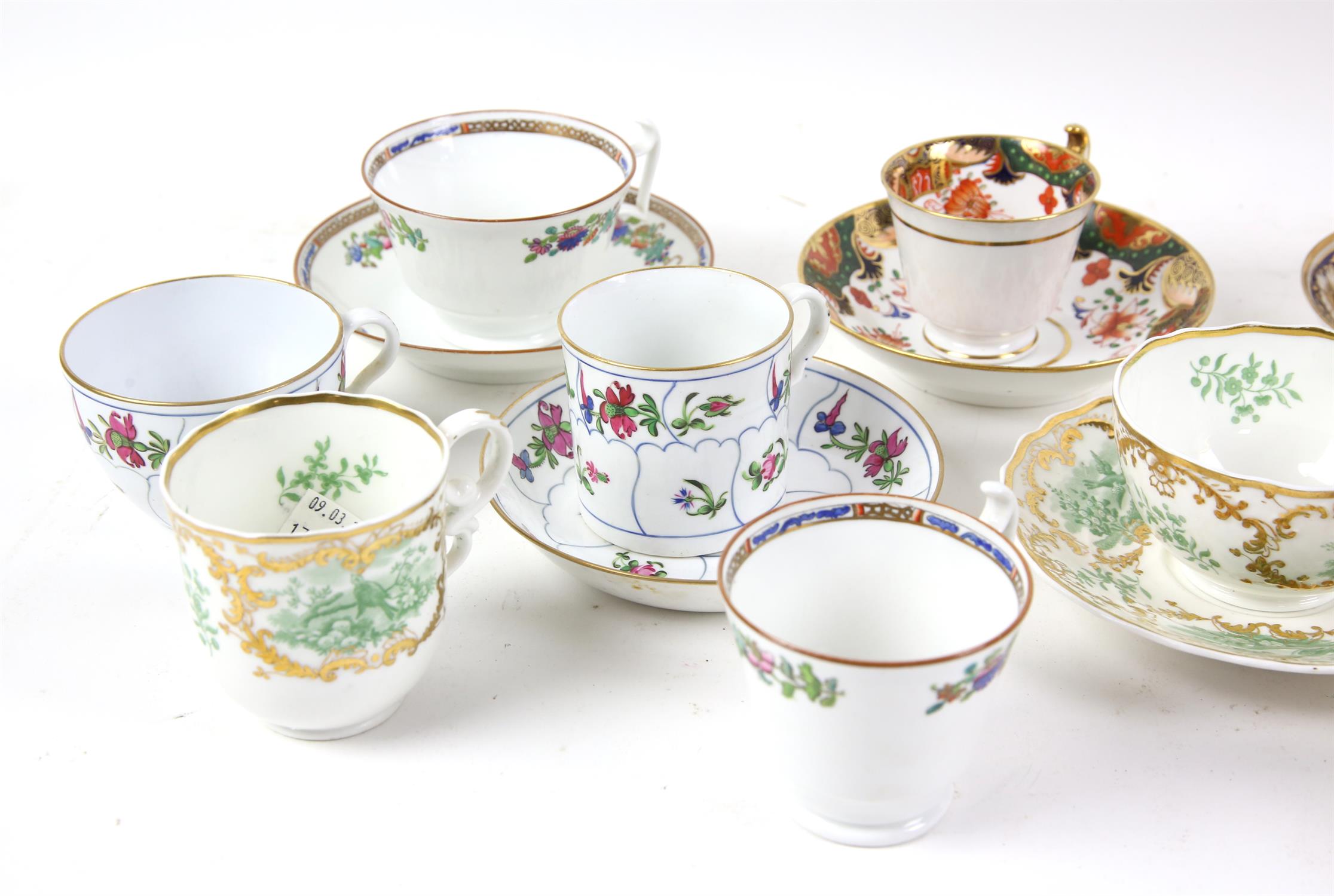 Seven 19th century and later Spode trios, of two cups and a saucer, one relief moulded and gilded - Image 2 of 3