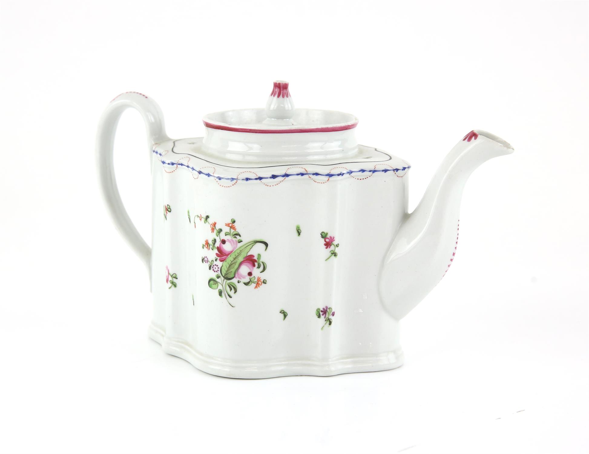 New Hall serpentine-shaped teapot, puce mark N. 208, H16cm, reproduction lead tobacco jar,