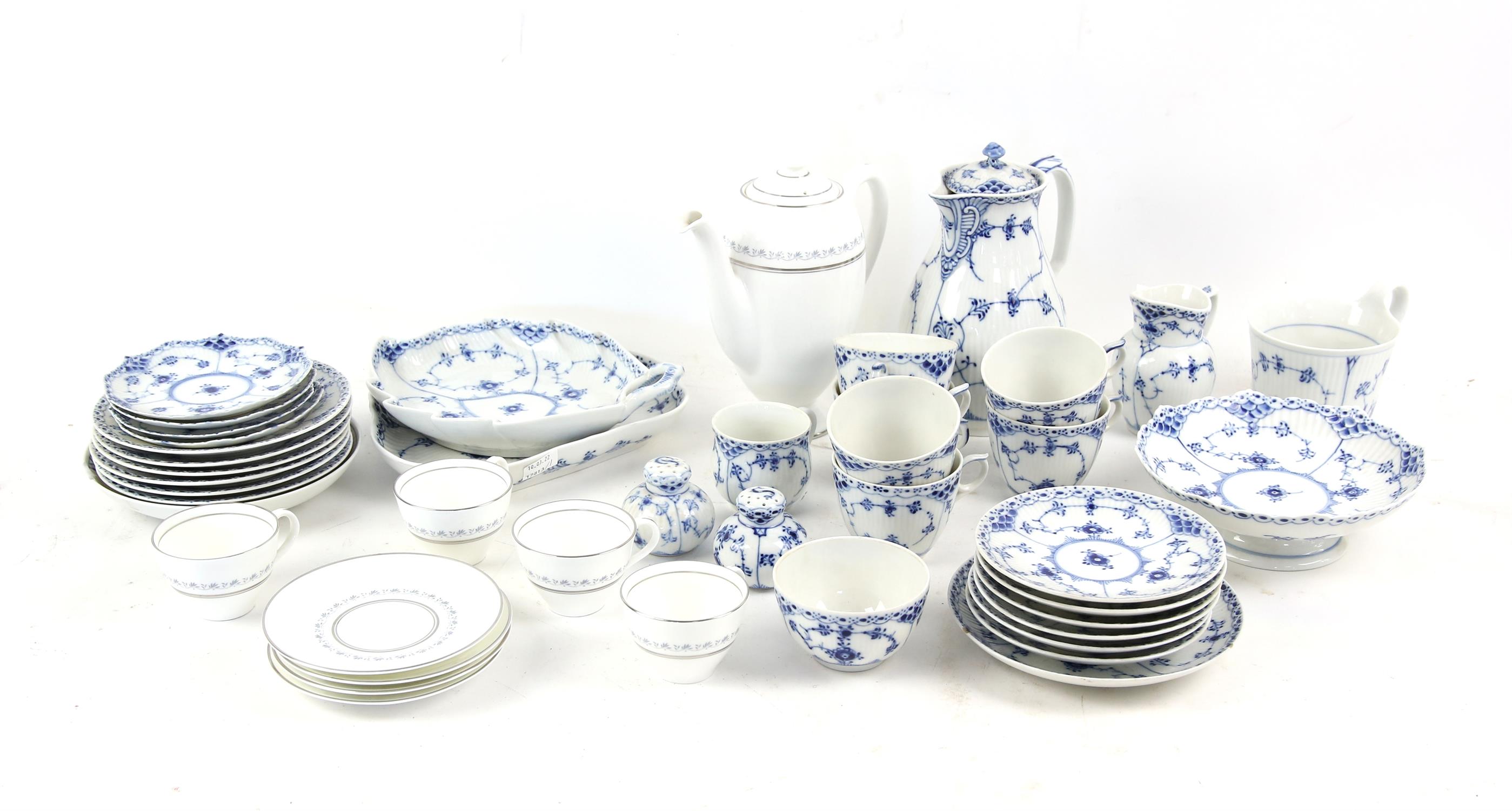 Royal Copenhagen Blue Onion pattern table wares, including tea cups and saucers, hot water pot,