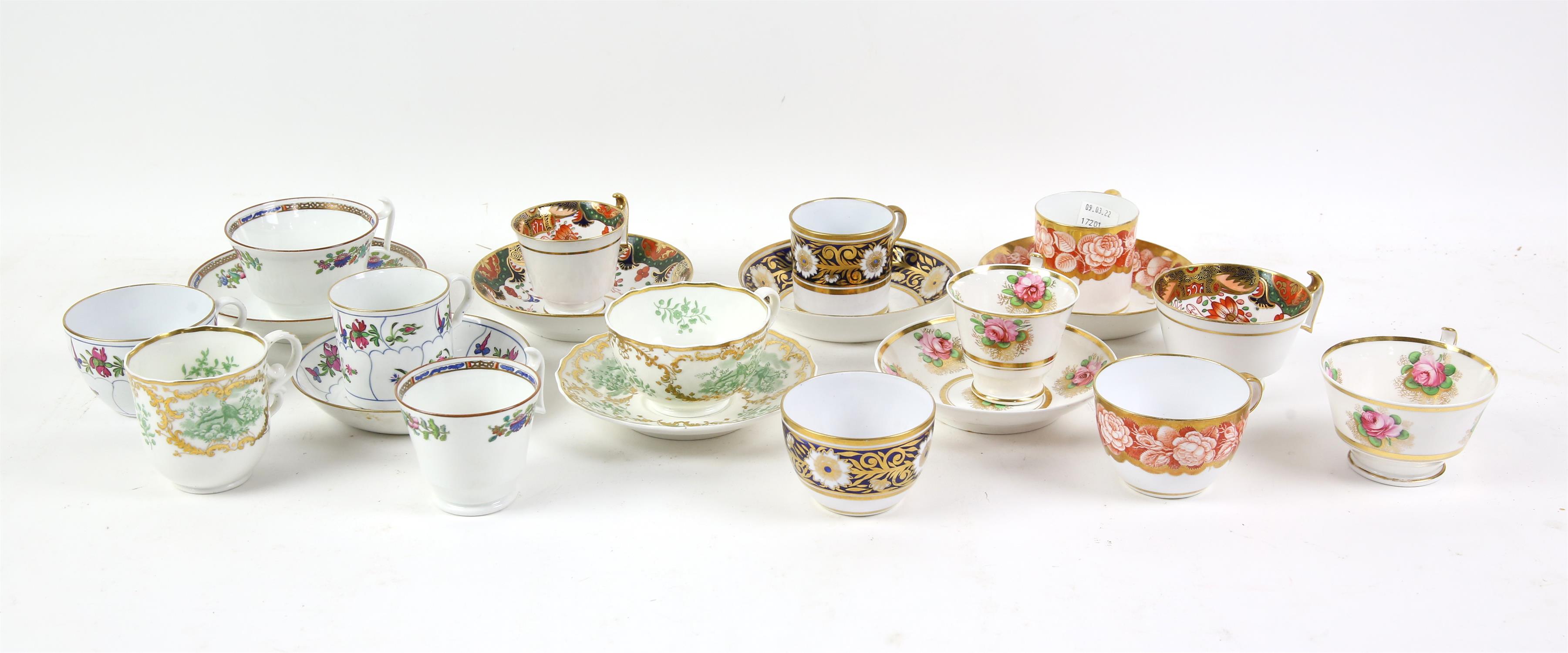 Seven 19th century and later Spode trios, of two cups and a saucer, one relief moulded and gilded
