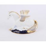 Royal Crown Derby pair of mythical beasts, Unicorn 15 x 14 cms and pegasus paperweights17 x 13 cms