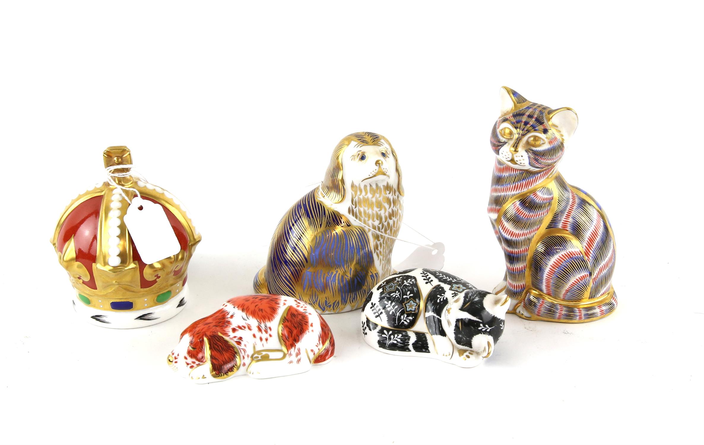 Four Royal Crown Derby paperweights, a crown, and three others dogs and cats, PROVENANCE; A