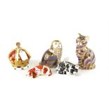 Four Royal Crown Derby paperweights, a crown, and three others dogs and cats, PROVENANCE; A