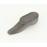 19th century pewter shoe form snuff box with engine turned decoration, 8cm long,