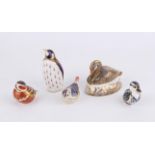Five various Royal Crown Derby paperweights, Penguin, swan and three others of birds PROVENANCE; A