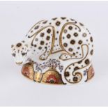 Royal Crown Derby snow leopard paperweight, with gold stopper and marked MMIV, 20 x 13 cms