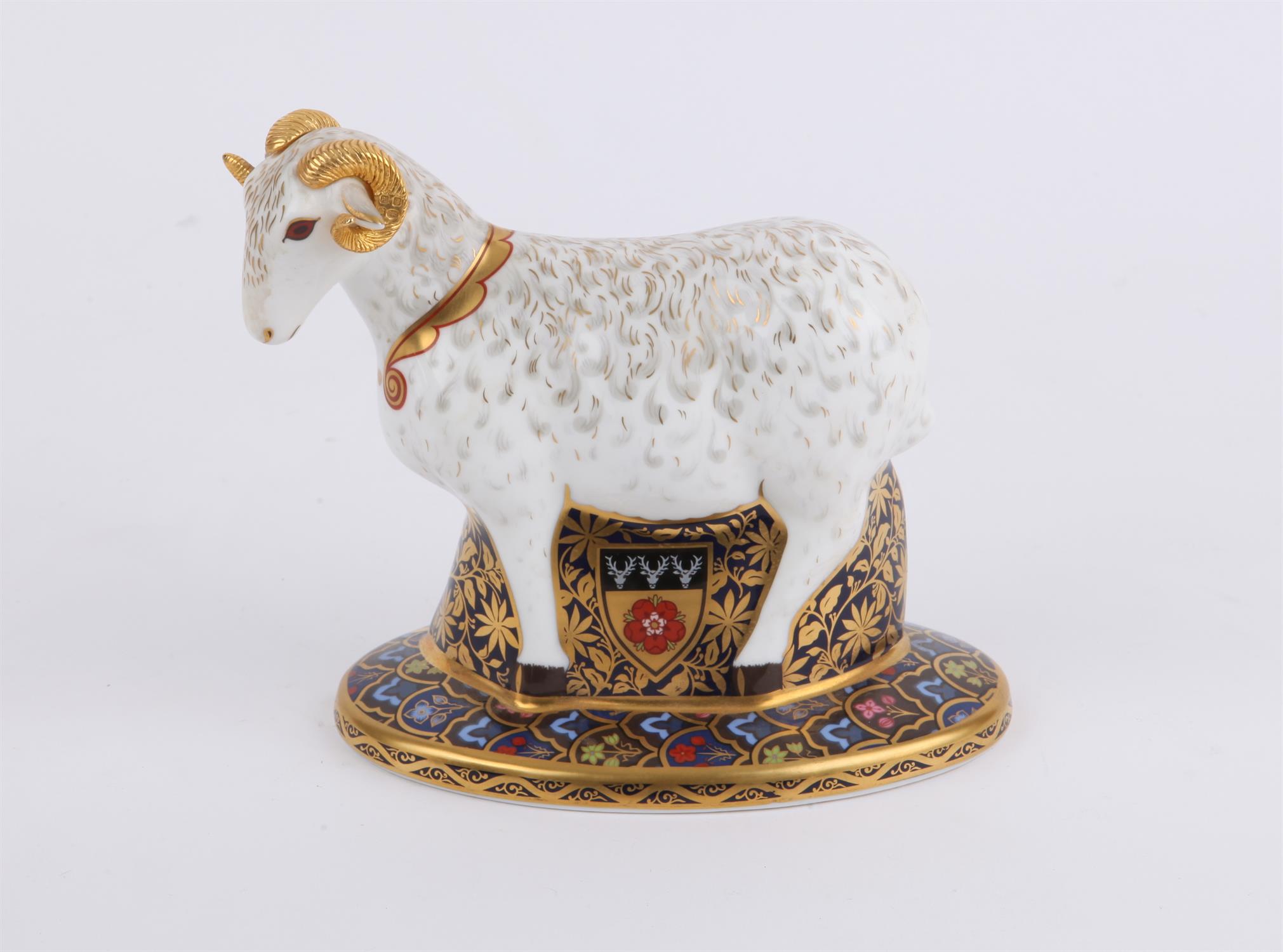Boxed Royal Crown Derby, Paperweight Heraldic Derbyshire Ram ,with gold stopper Limited Edition No