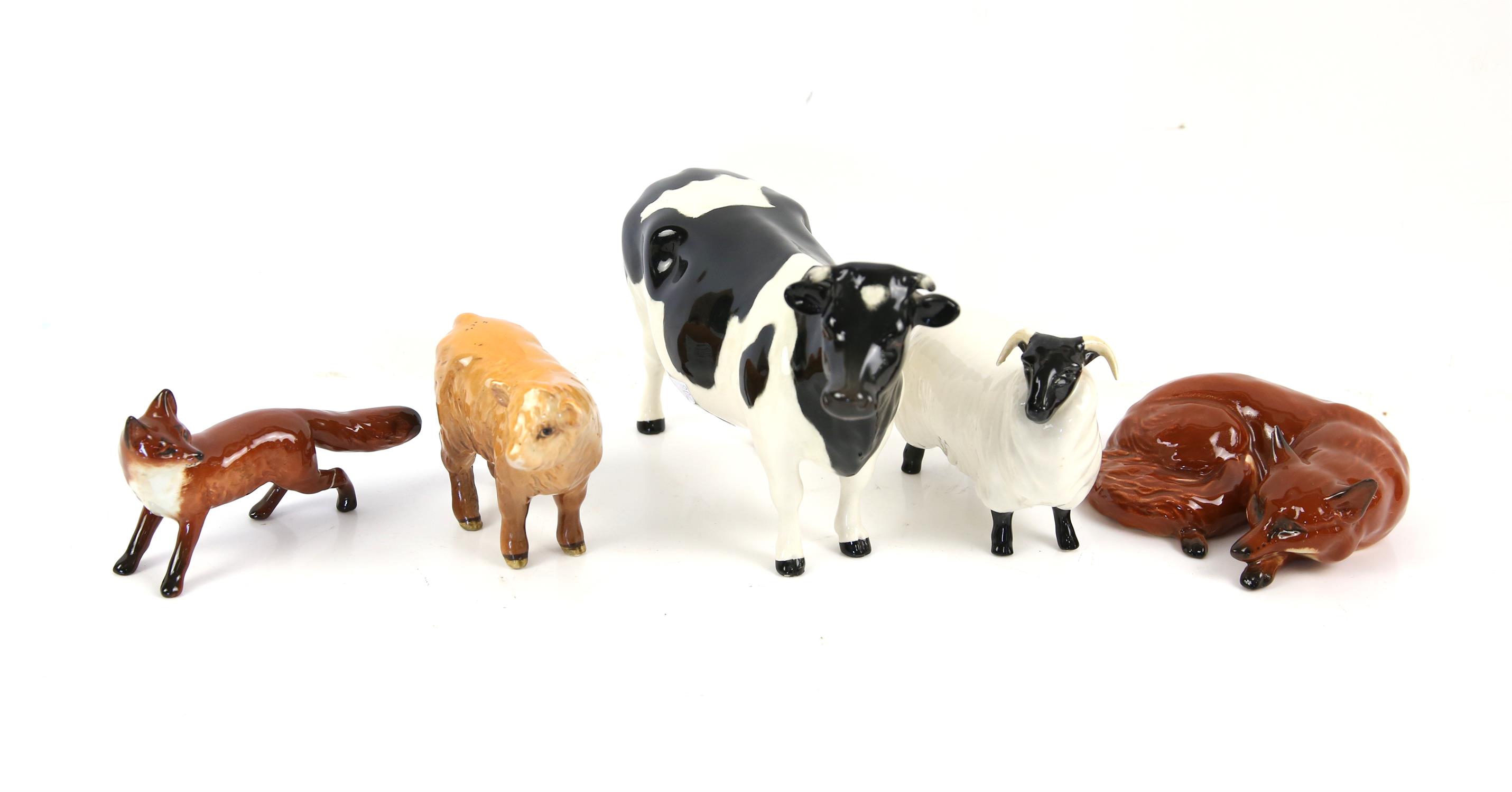 Beswick Friesian Cow CH Claybury Legwater, Black Faced Ram, Highland calf, curled fox,