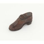 19th century leather shoe form snuff box with tooled decoration, white metal cover inscribed 'To W