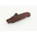19th century carved wood snuff box in the form of a double barrelled pistol, 13.5cm long,