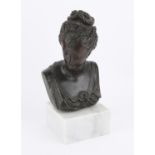 Late 19th century French hollow cast patinated bronze bust of a lady on later marble base,