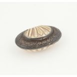 19th century shell and white metal mounted snuff box with scrolling foliate and animal decoration,