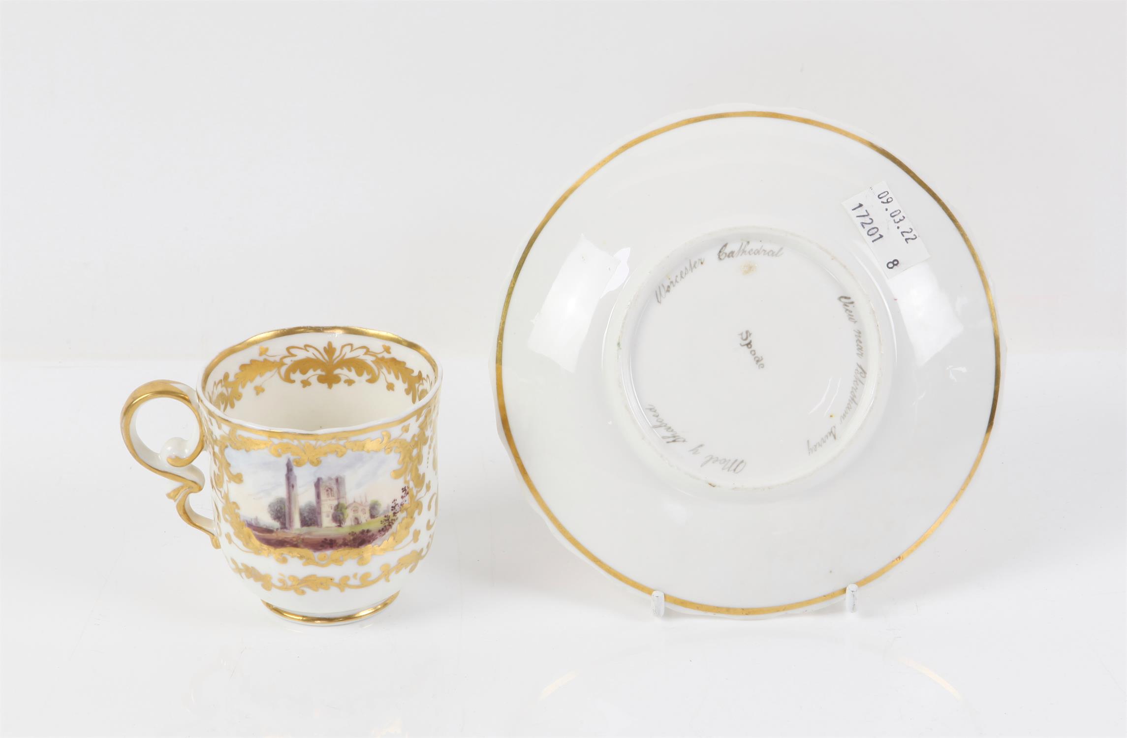 Spode tea cup and saucer, with foliate gilding and relief cartouches, the cup painted with 'Round - Image 2 of 3