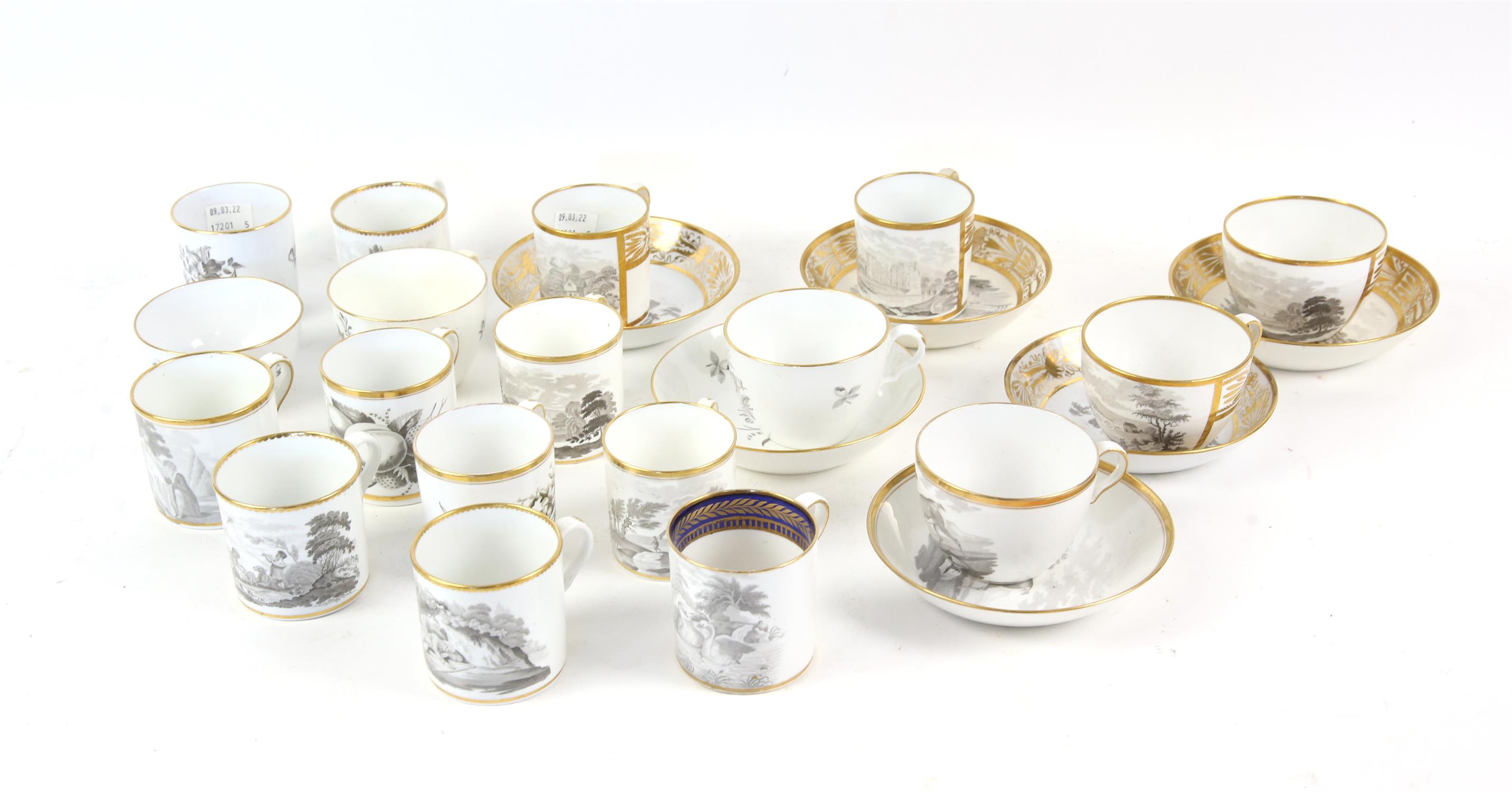 Eight Spode bat printed tea cups and saucers, another two bat printed coffee cans and saucers,