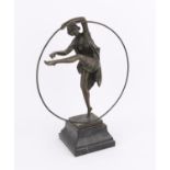 Bronze sculpture in the form of a young woman holding a hoop on marble plinth, inscribed 'GODARD'