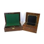 Early 19th century rosewood and brass inlaid writing box, of rectangular form, enclosing a baize