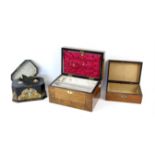 Mid 19th century burrwood and walnut sewing box, of rectangular form enclosing a silk lining to the