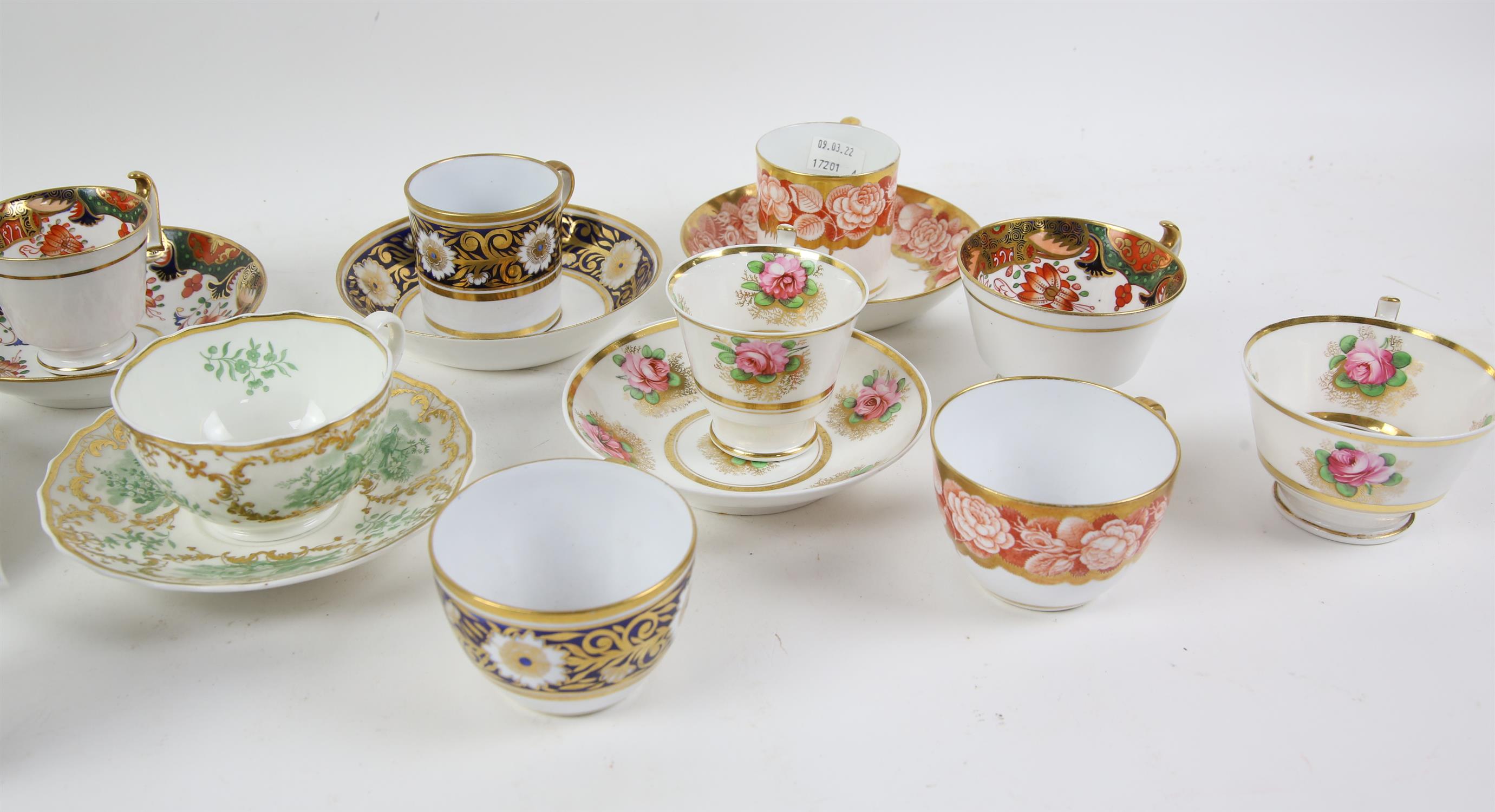 Seven 19th century and later Spode trios, of two cups and a saucer, one relief moulded and gilded - Image 3 of 3