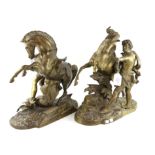 Pair of cast brass Marly Horses, height 52cm each approx. (2)