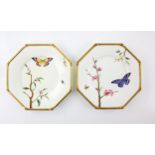 Two Royal Worcester octagonal blanks with gilt rims, hand painted with butterflies and branches,