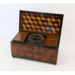 19th century crossbanded and parquetry tea caddy, of rectangular form, enclosing a chequered