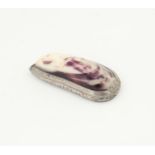 19th century mussel shell and silver plated mounted snuff box, 9.5cm long,